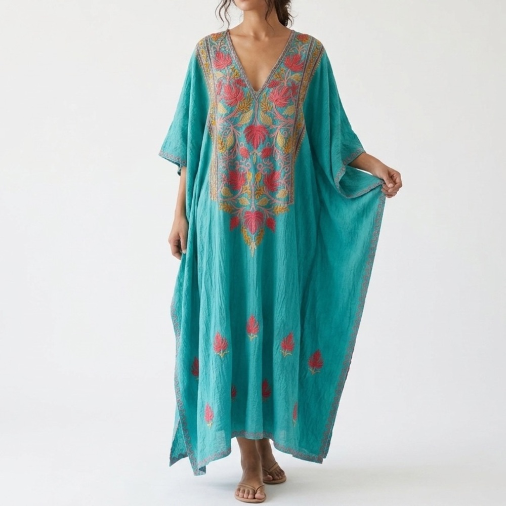 70s VINTAGE Aari Style Embroidered Crinkle Cotton Like Maxi Kaftan Dress Gown